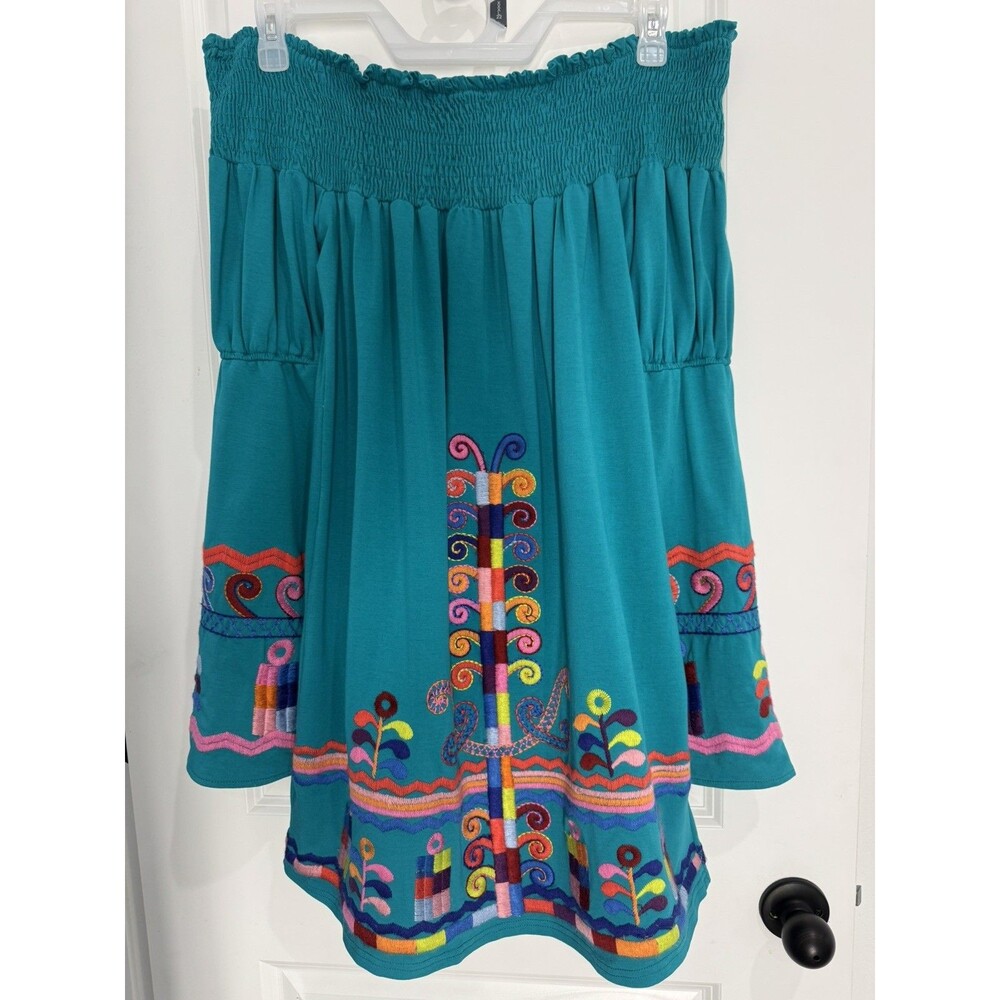 Off Shoulder Top  VaVa Romance Riders Teal Embroidered Rainbow Women’s Sz Large